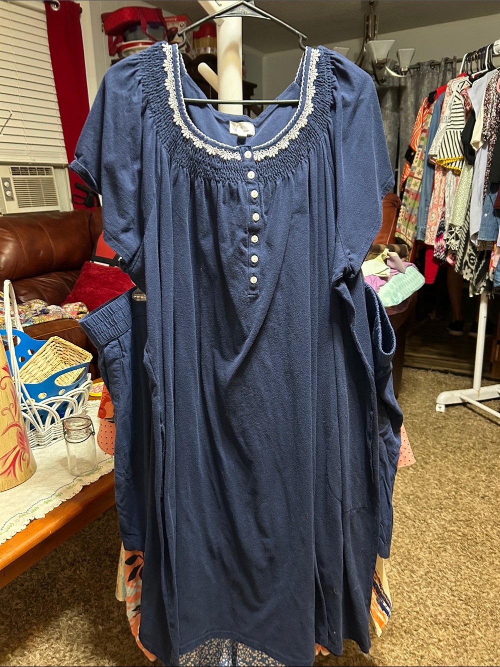 Aria Collection Casual Navy Midi Dress with Embroidered Scoop Neck Size 4X